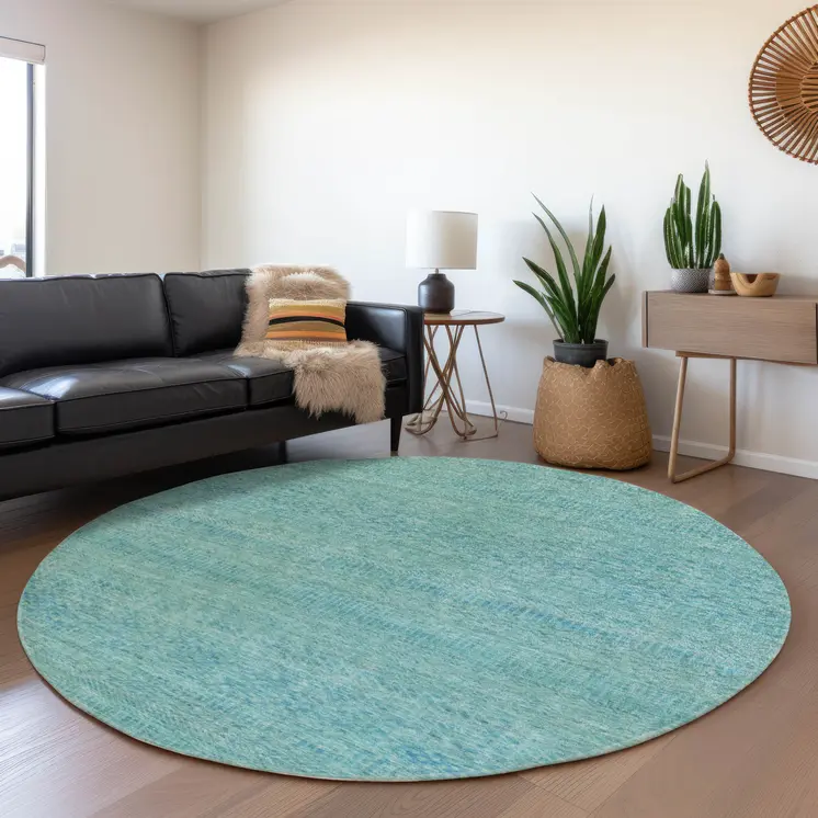 8' Aqua And Teal Blue Round Striped Washable Indoor Outdoor Area Rug