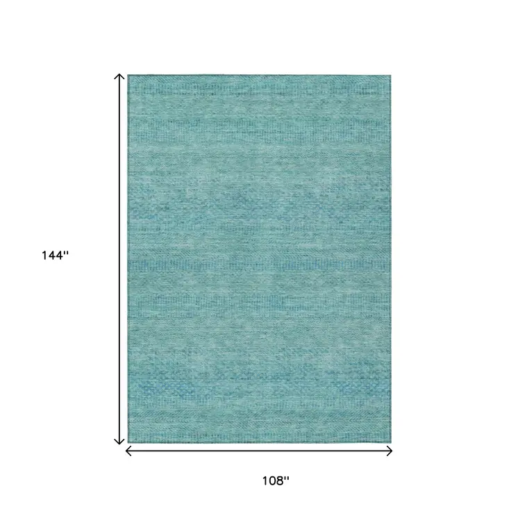 9' X 12' Aqua And Teal Blue Striped Washable Indoor Outdoor Area Rug