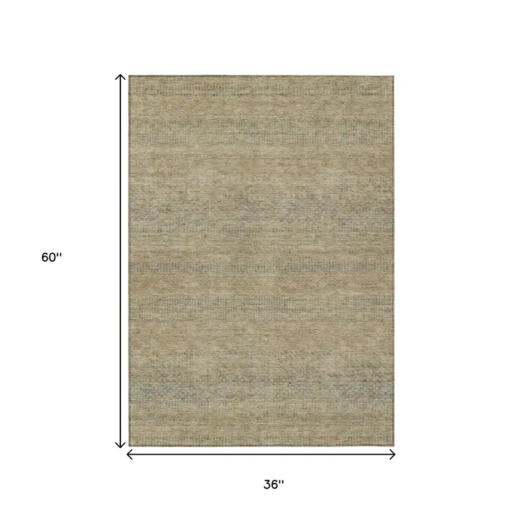 3' X 5' Beige And Taupe Striped Washable Indoor Outdoor Area Rug