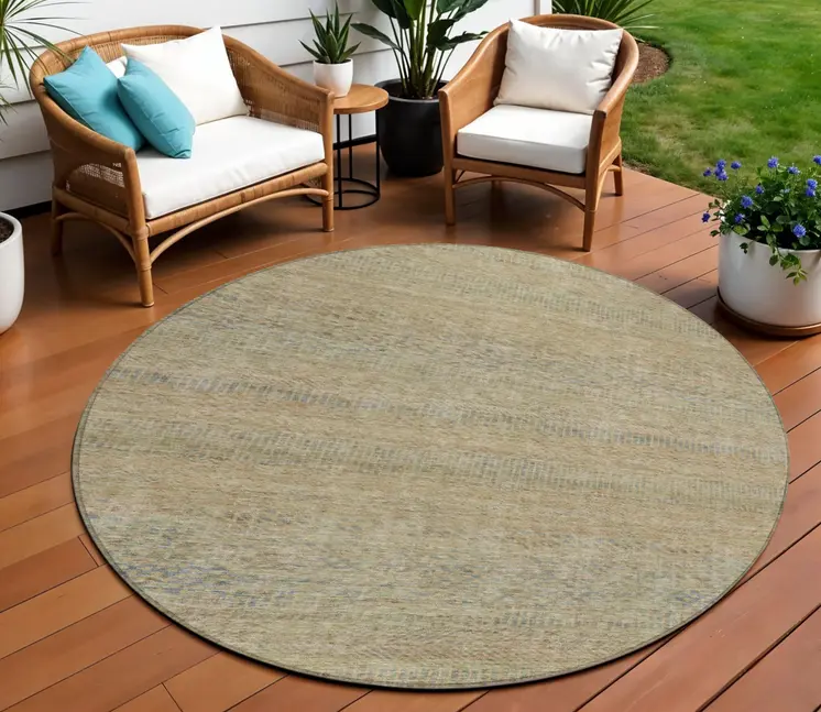 8' Beige And Taupe Round Striped Washable Indoor Outdoor Area Rug