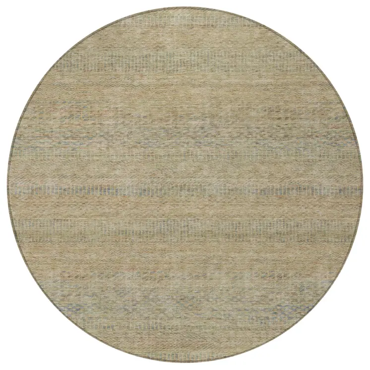 8' Beige And Taupe Round Striped Washable Indoor Outdoor Area Rug