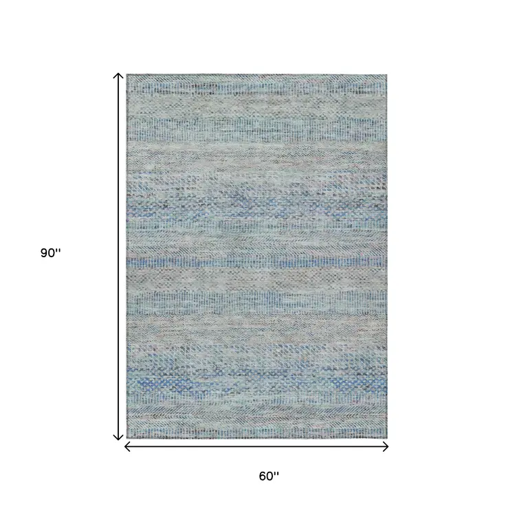 5' X 8' Blue And Charcoal Striped Washable Indoor Outdoor Area Rug