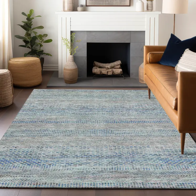 5' X 8' Blue And Charcoal Striped Washable Indoor Outdoor Area Rug