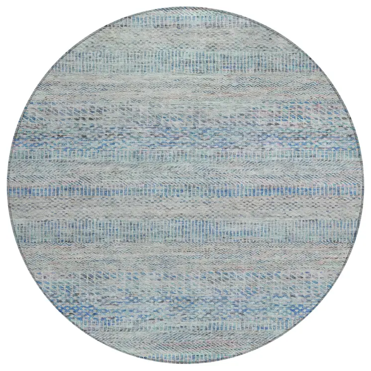 8' Blue And Charcoal Round Striped Washable Indoor Outdoor Area Rug