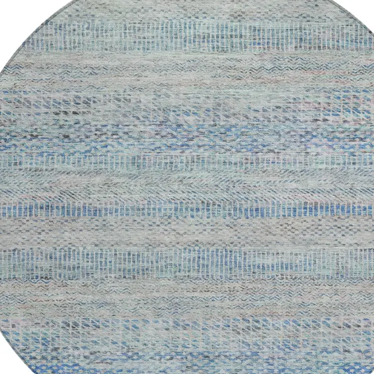 8' Blue And Charcoal Round Striped Washable Indoor Outdoor Area Rug