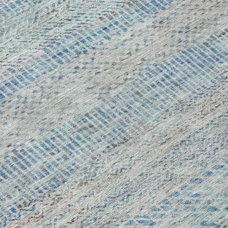 8' Blue And Charcoal Round Striped Washable Indoor Outdoor Area Rug
