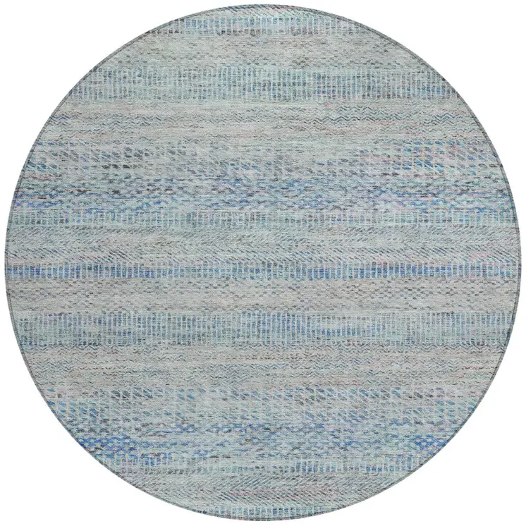 8' Blue And Charcoal Round Striped Washable Indoor Outdoor Area Rug