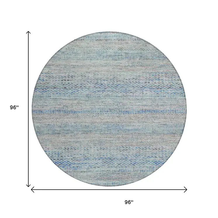 8' Blue And Charcoal Round Striped Washable Indoor Outdoor Area Rug