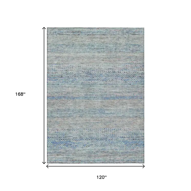 10' X 14' Blue And Charcoal Striped Washable Indoor Outdoor Area Rug