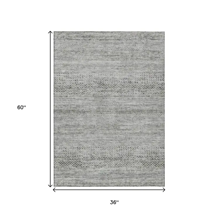 3' X 5' Gray And Charcoal Striped Washable Indoor Outdoor Area Rug