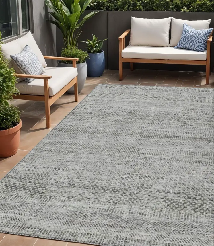 5' X 8' Gray And Charcoal Striped Washable Indoor Outdoor Area Rug