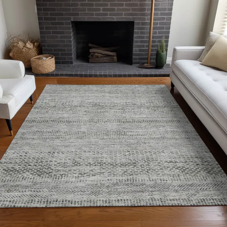 5' X 8' Gray And Charcoal Striped Washable Indoor Outdoor Area Rug