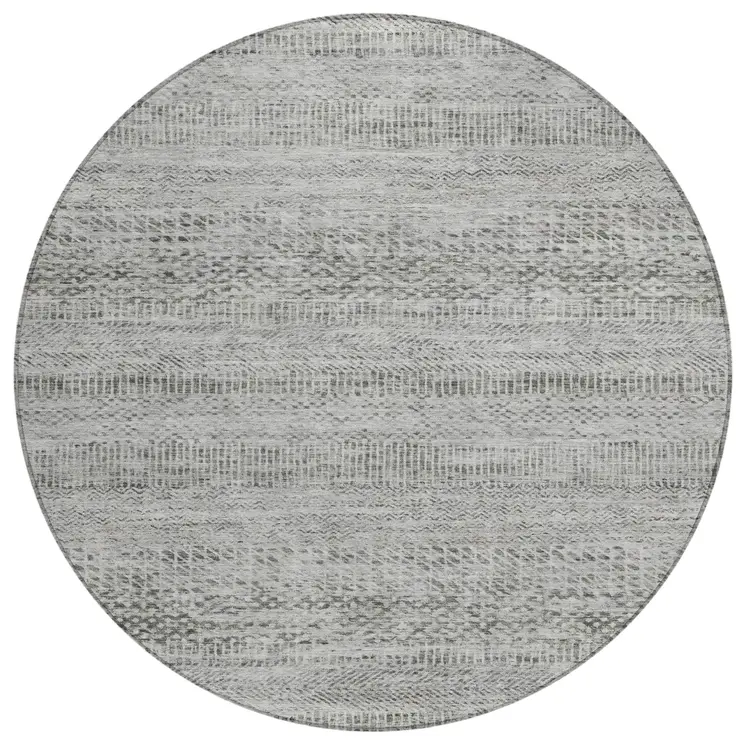 8' Gray And Charcoal Round Striped Washable Indoor Outdoor Area Rug