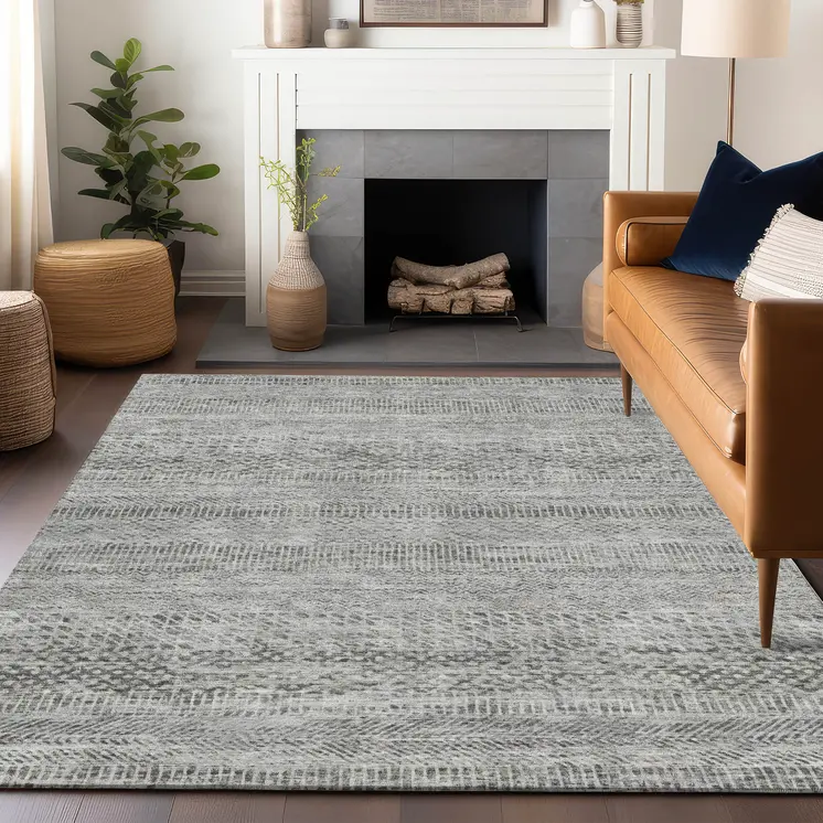 8' X 10' Gray And Charcoal Striped Washable Indoor Outdoor Area Rug