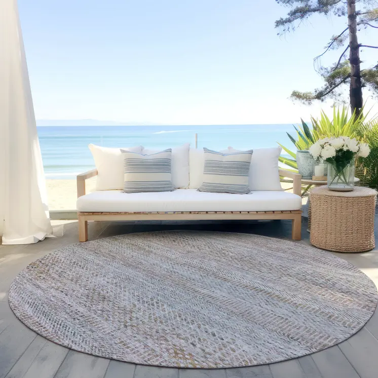 8' Linen And Gray Round Striped Washable Indoor Outdoor Area Rug