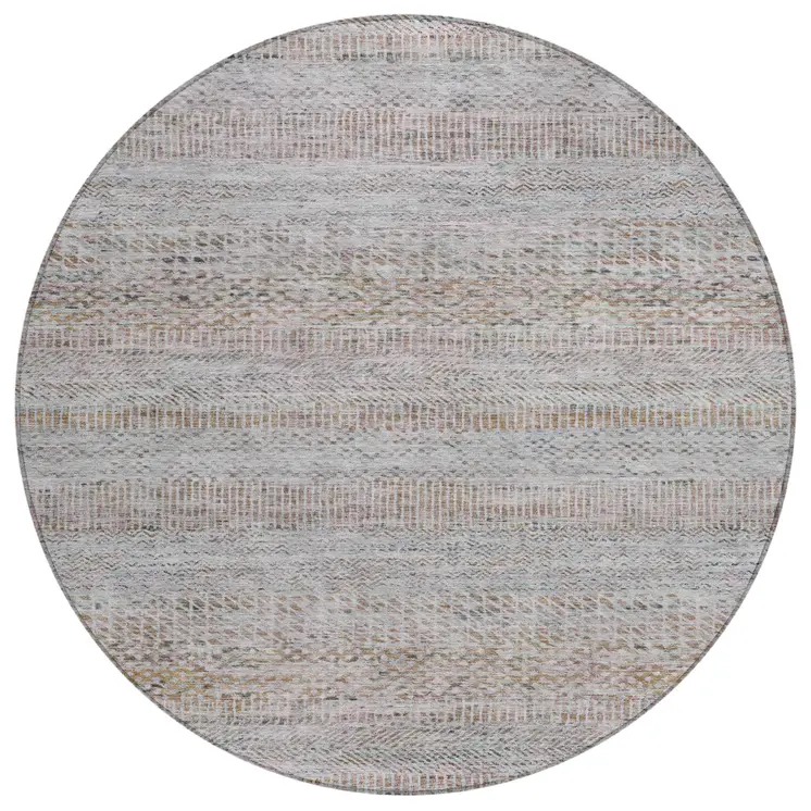8' Linen And Gray Round Striped Washable Indoor Outdoor Area Rug