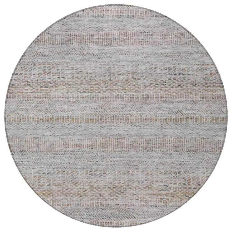 8' Linen And Gray Round Striped Washable Indoor Outdoor Area Rug