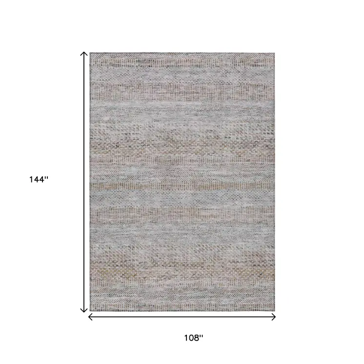 9' X 12' Linen And Gray Striped Washable Indoor Outdoor Area Rug