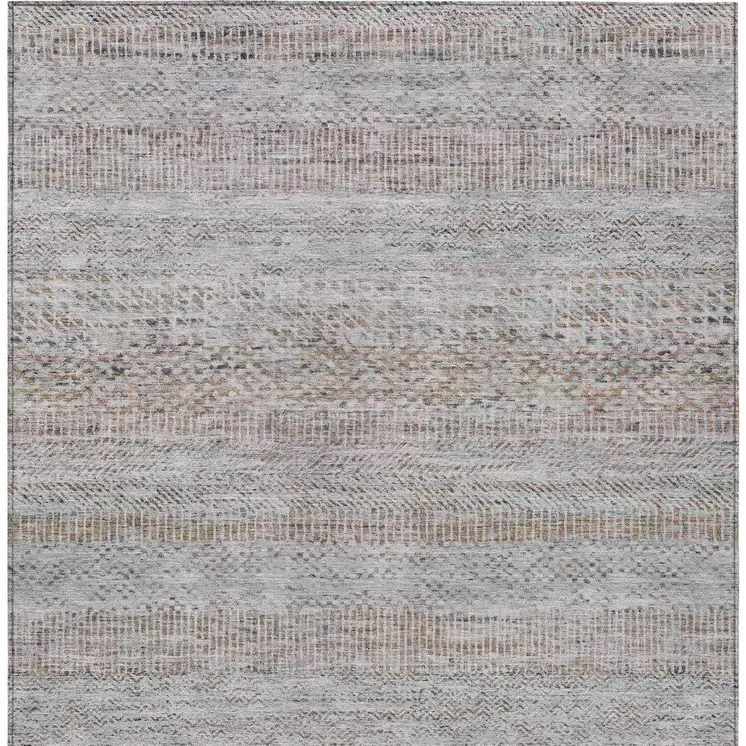 9' X 12' Linen And Gray Striped Washable Indoor Outdoor Area Rug