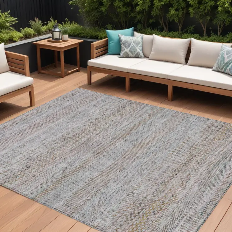 10' X 14' Linen And Gray Striped Washable Indoor Outdoor Area Rug