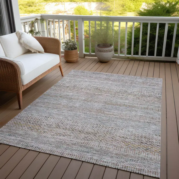 10' X 14' Linen And Gray Striped Washable Indoor Outdoor Area Rug