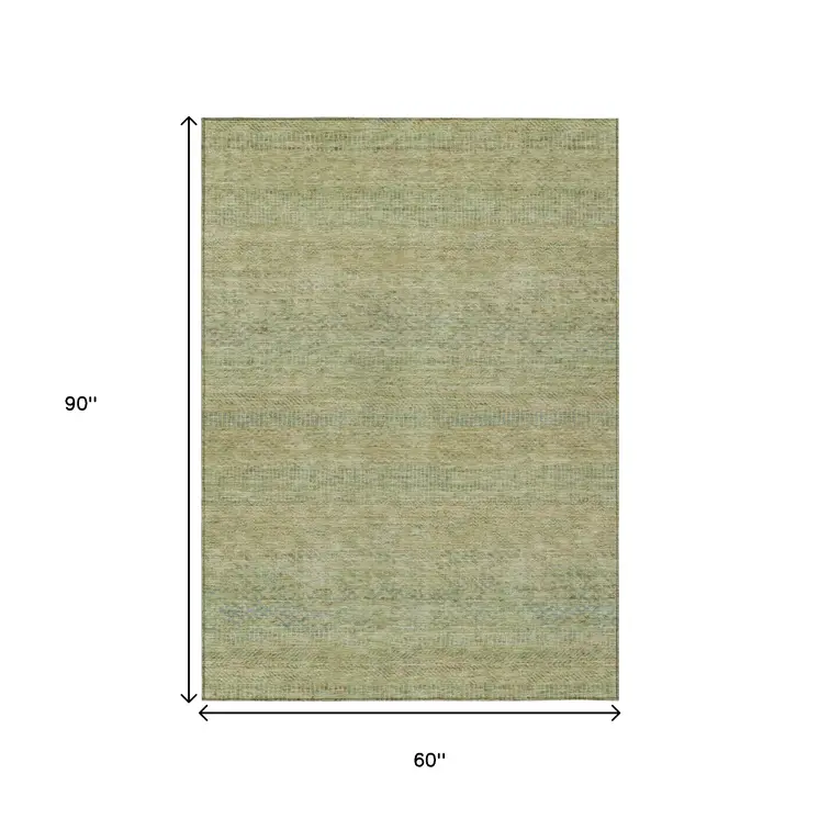 5' X 8' Wheat And Sage Striped Washable Indoor Outdoor Area Rug
