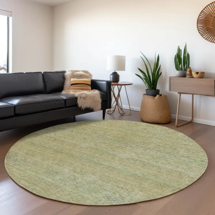 8' Wheat And Sage Round Striped Washable Indoor Outdoor Area Rug