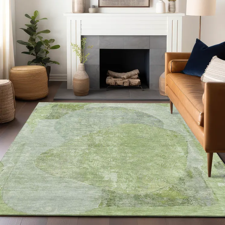 5' X 8' Artichoke Green And Mint Green Abstract Washable Indoor Outdoor Area Rug
