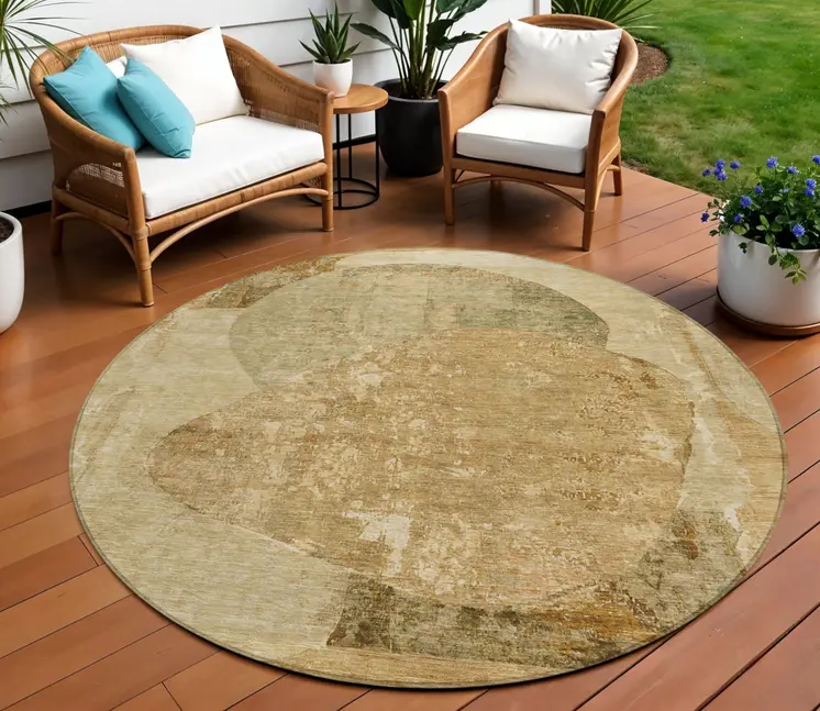 8' Brown And Beige Round Abstract Washable Indoor Outdoor Area Rug
