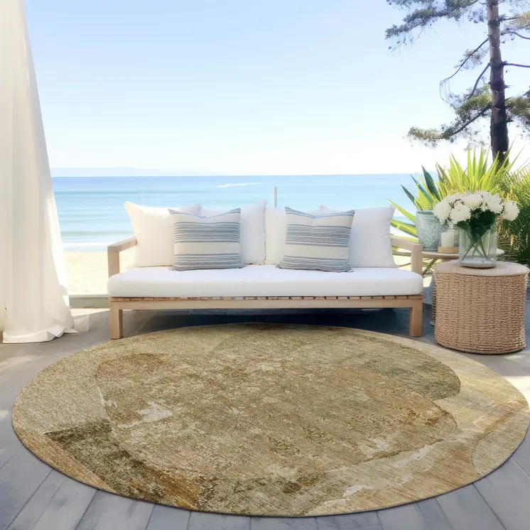 8' Brown And Beige Round Abstract Washable Indoor Outdoor Area Rug