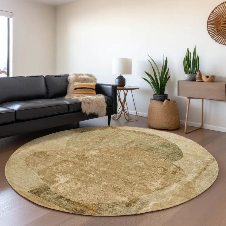 8' Brown And Beige Round Abstract Washable Indoor Outdoor Area Rug