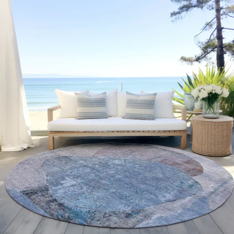 8' Blue And Sky Blue Round Abstract Washable Indoor Outdoor Area Rug