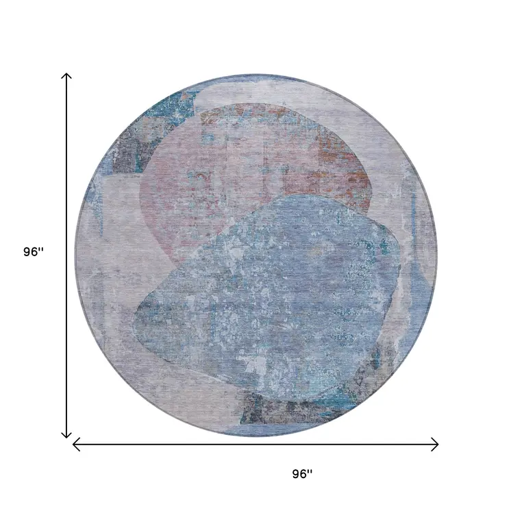 8' Blue And Sky Blue Round Abstract Washable Indoor Outdoor Area Rug