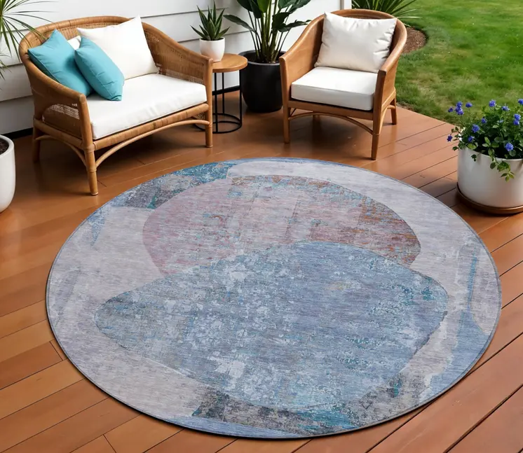 8' Blue And Sky Blue Round Abstract Washable Indoor Outdoor Area Rug