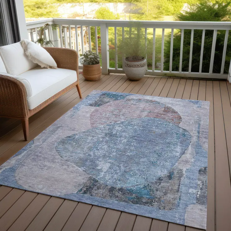 9' X 12' Blue And Sky Blue Abstract Washable Indoor Outdoor Area Rug