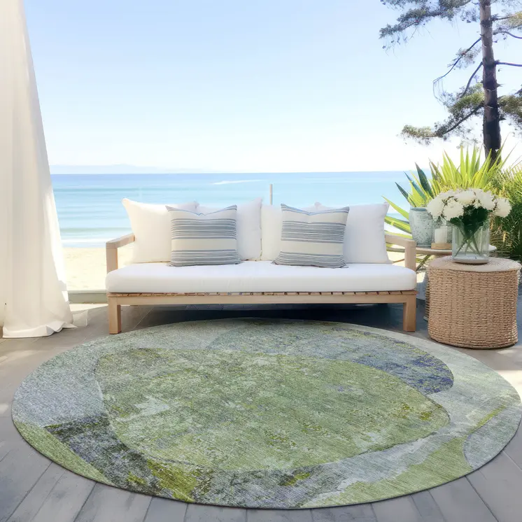 8' Green And Blue Round Abstract Washable Indoor Outdoor Area Rug