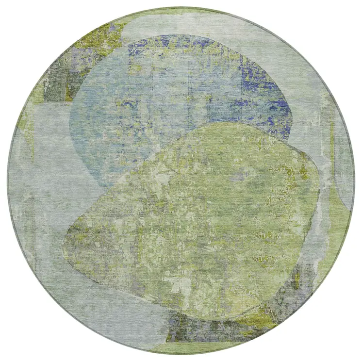 8' Green And Blue Round Abstract Washable Indoor Outdoor Area Rug