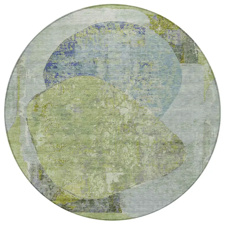 8' Green And Blue Round Abstract Washable Indoor Outdoor Area Rug
