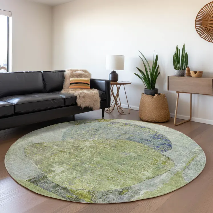 8' Green And Blue Round Abstract Washable Indoor Outdoor Area Rug