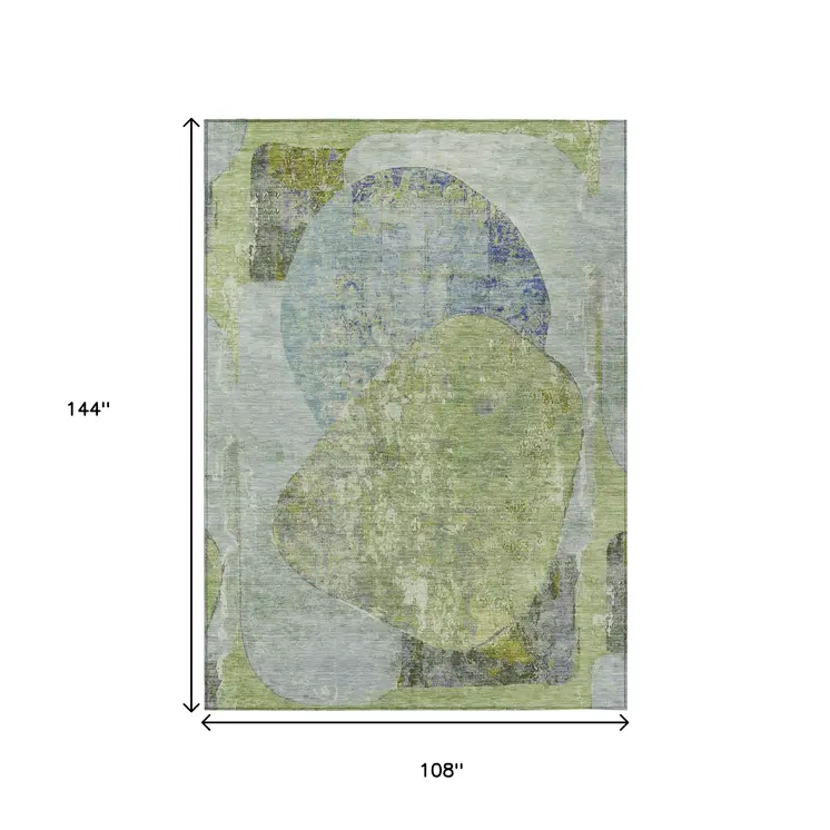 9' X 12' Green And Blue Abstract Washable Indoor Outdoor Area Rug