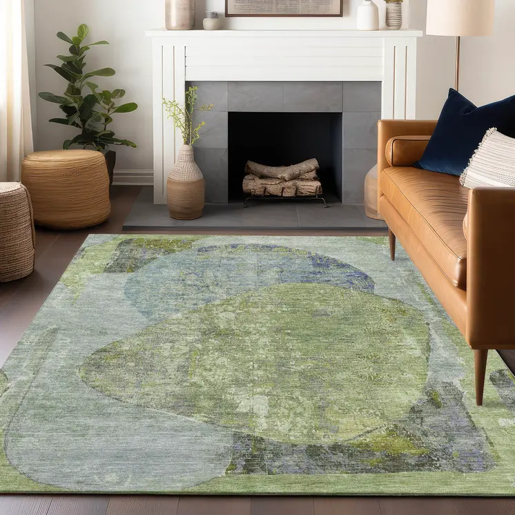 9' X 12' Green And Blue Abstract Washable Indoor Outdoor Area Rug