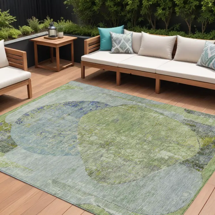 10' X 14' Green And Blue Abstract Washable Indoor Outdoor Area Rug