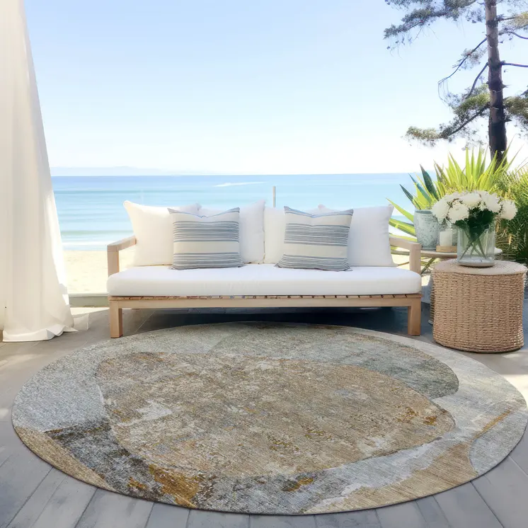 8' Gray And Rust Round Abstract Washable Indoor Outdoor Area Rug
