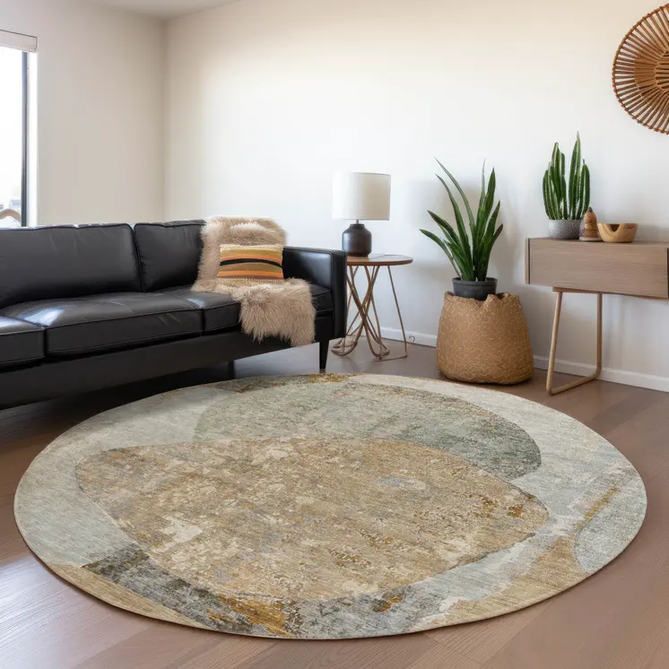 8' Gray And Rust Round Abstract Washable Indoor Outdoor Area Rug