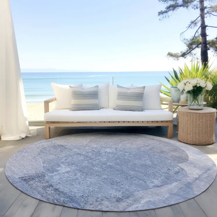 8' Sky Blue And Denim Blue Round Abstract Washable Indoor Outdoor Area Rug