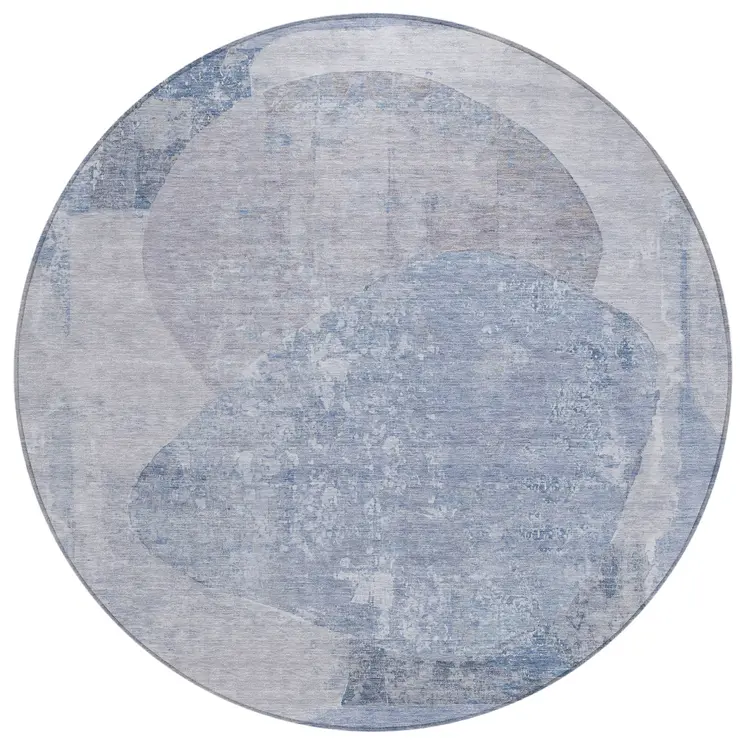 8' Sky Blue And Denim Blue Round Abstract Washable Indoor Outdoor Area Rug