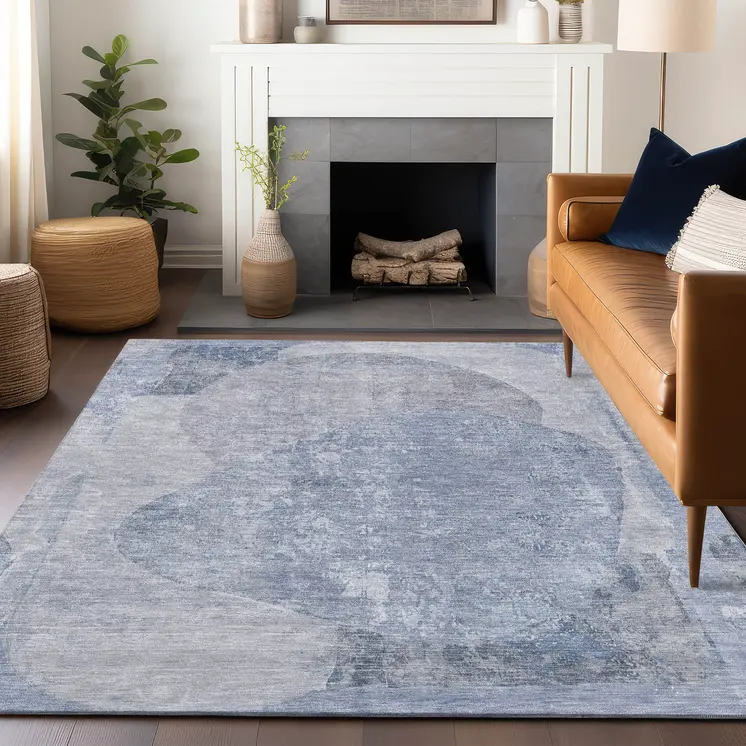 10' X 14' Sky Blue And Denim Blue Abstract Washable Indoor Outdoor Area Rug
