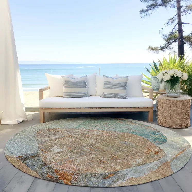 8' Teal Blue And Copper Round Abstract Washable Indoor Outdoor Area Rug