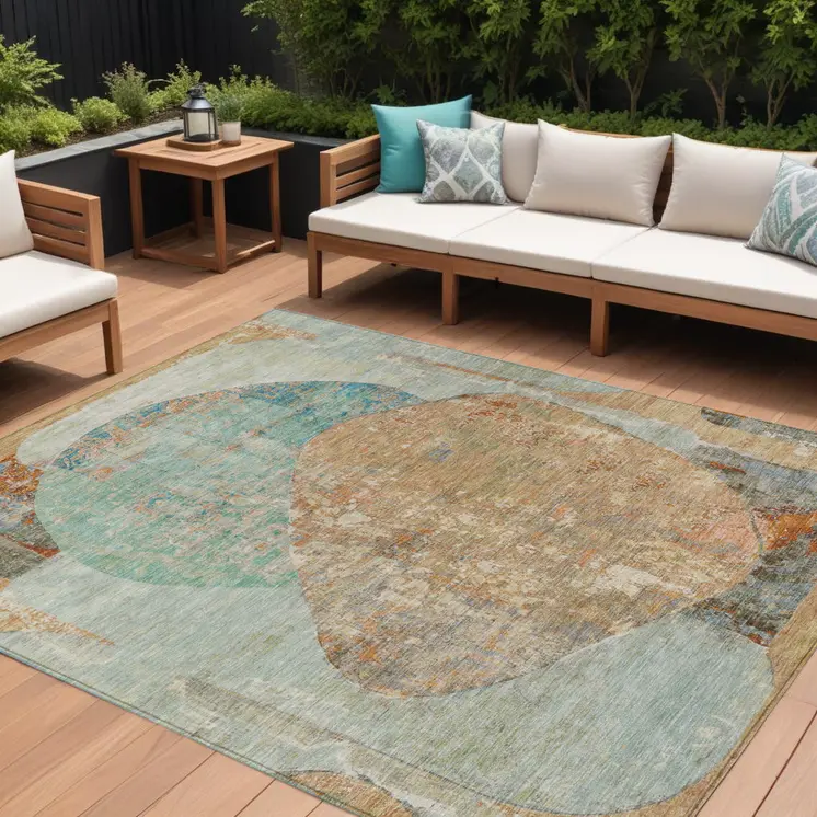 8' X 10' Teal Blue And Copper Abstract Washable Indoor Outdoor Area Rug