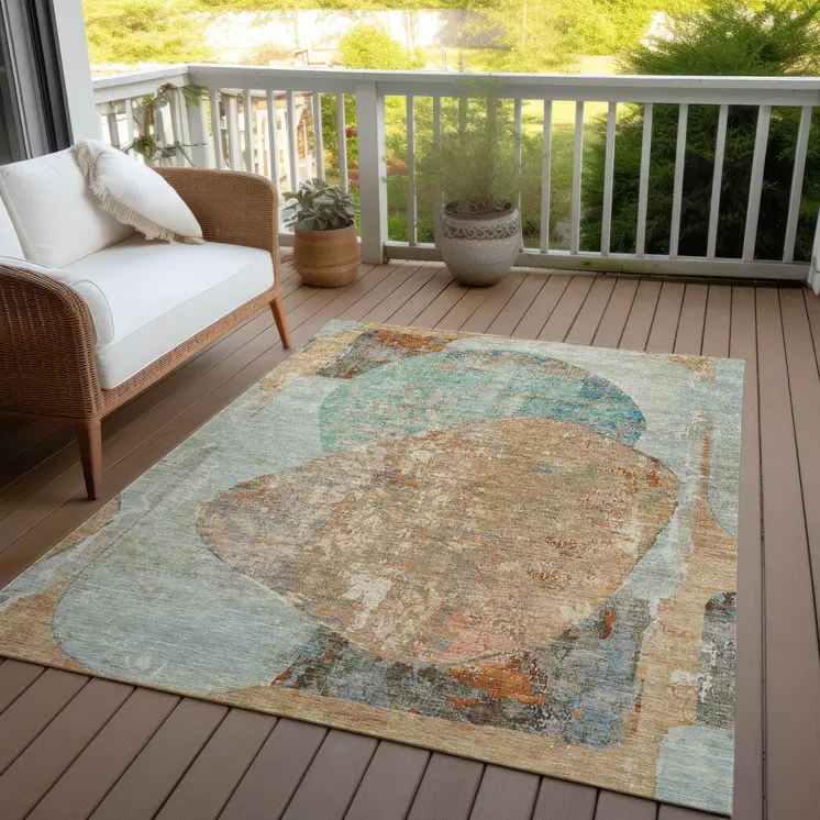 8' X 10' Teal Blue And Copper Abstract Washable Indoor Outdoor Area Rug